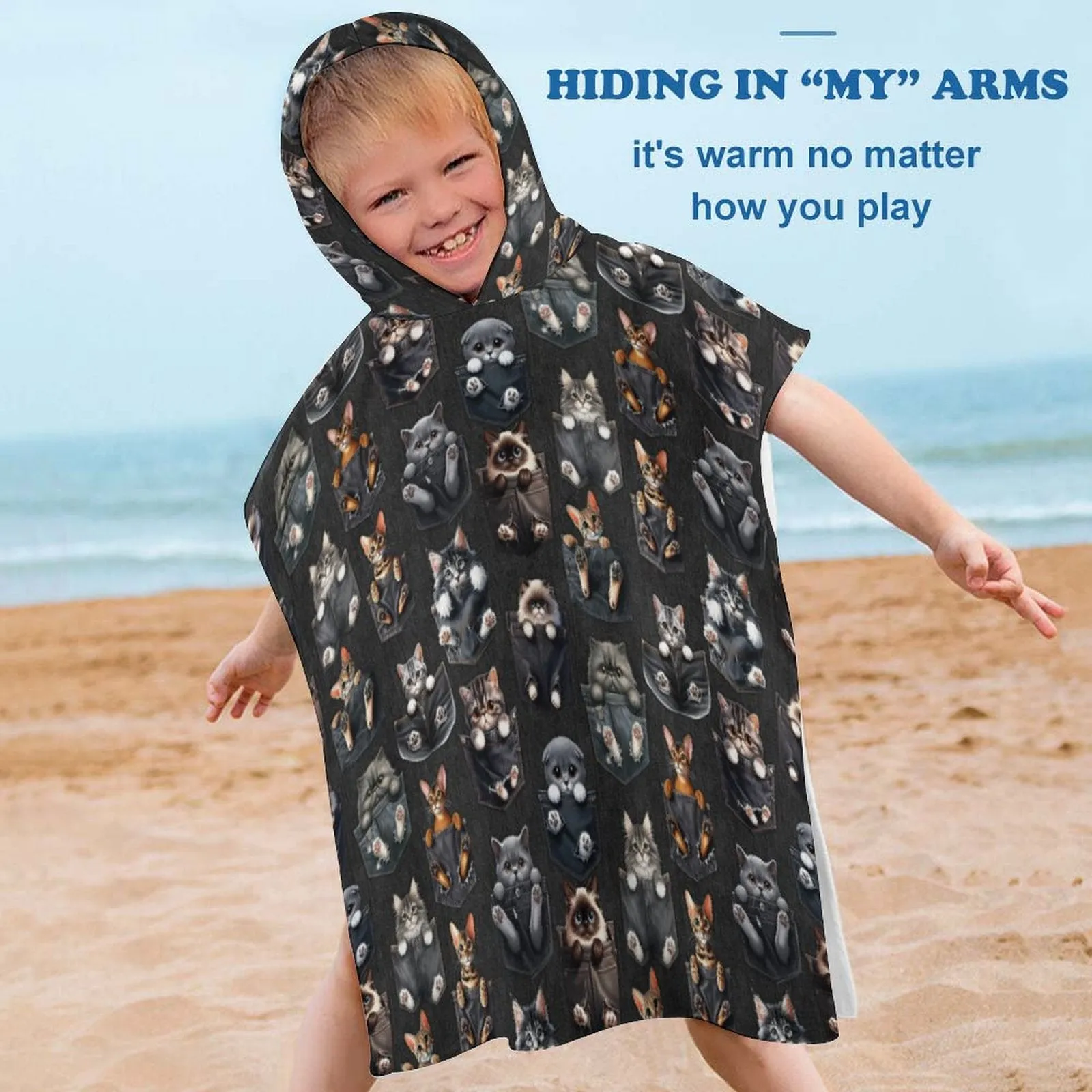 Kitties in Pockets -Hooded Terry Cloth Pullover Towel for Kids, Children