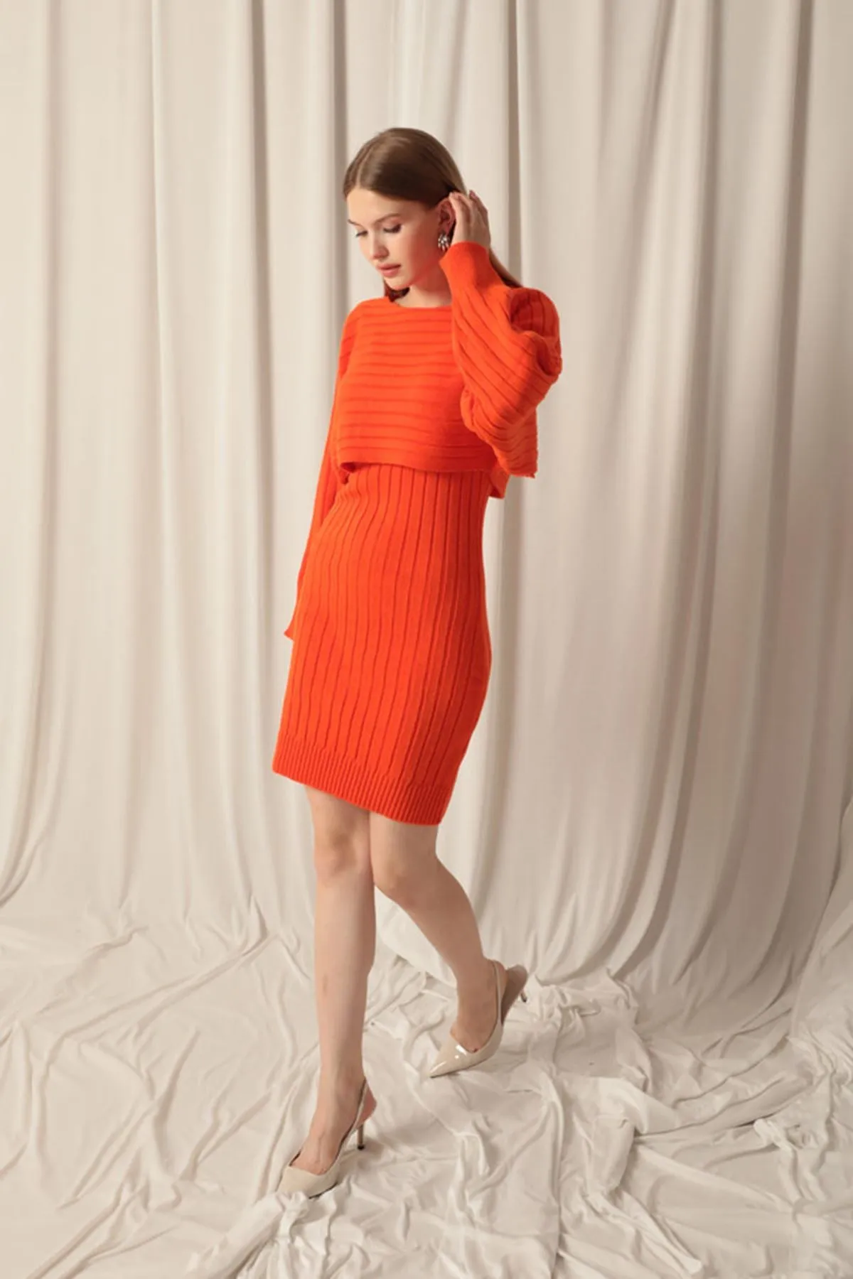 KKT Dark Orange Dress Set with Knitted Fabric Sweater - Saanich