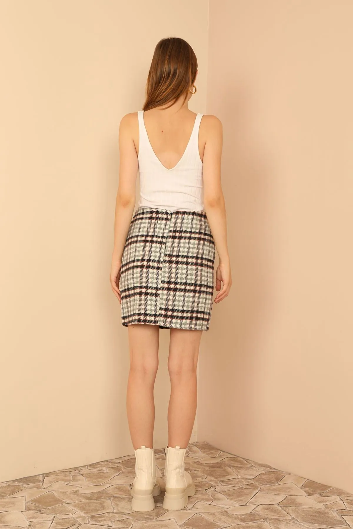 KKT Lumberjack Fabric Tight Fit Striped Mini Skirt - Navy Blue  - Voerde