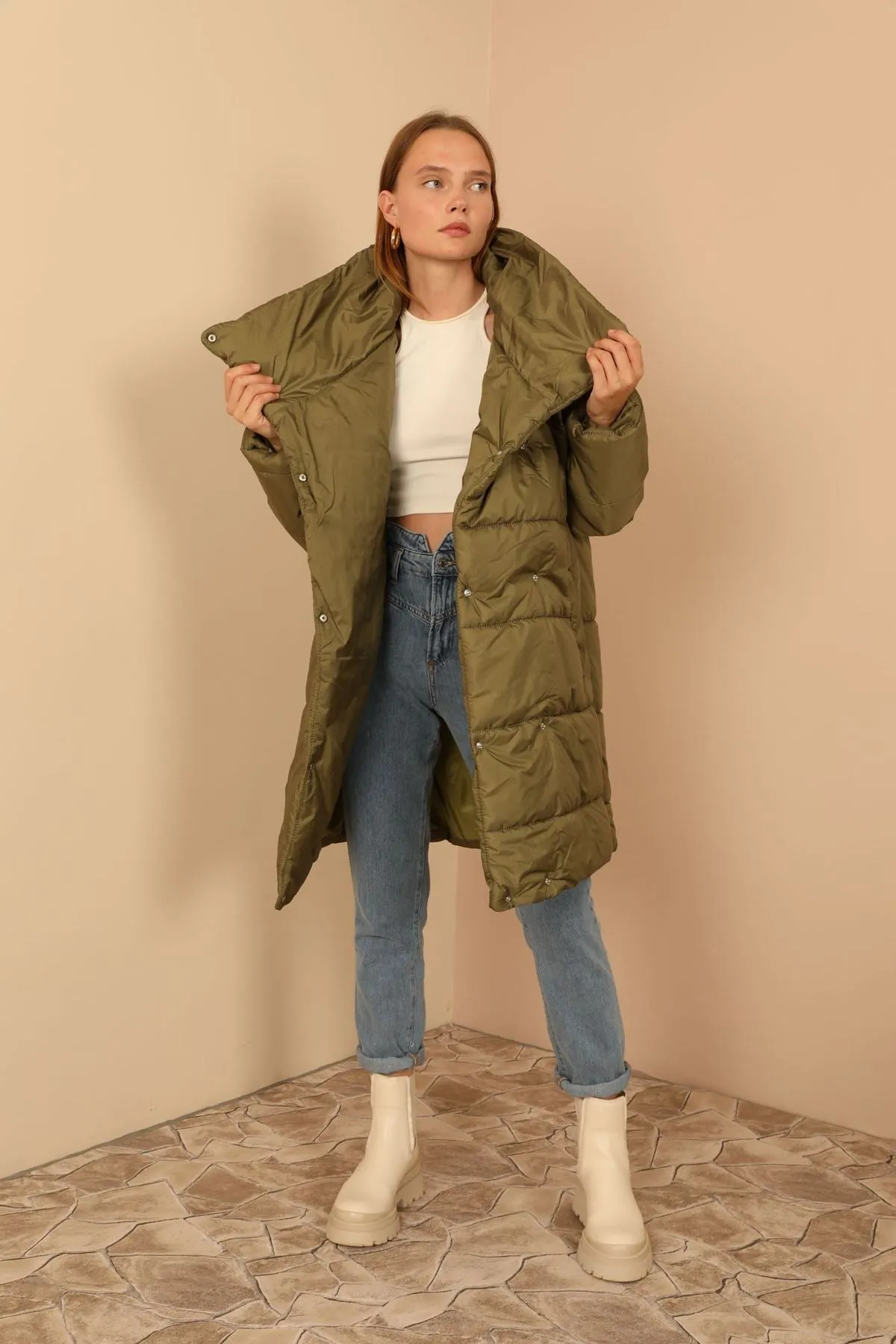 KKT Quilted Fabric Shawl Collar Women Coat-Mustard Green - Cernusco sul Naviglio
