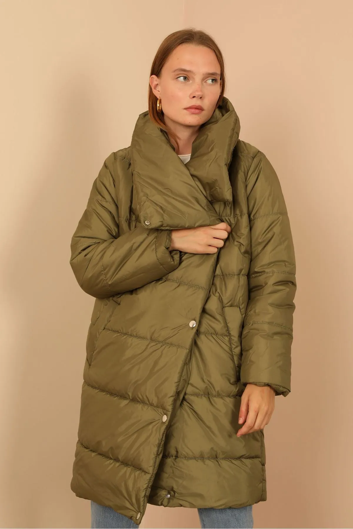 KKT Quilted Fabric Shawl Collar Women Coat-Mustard Green - Cernusco sul Naviglio