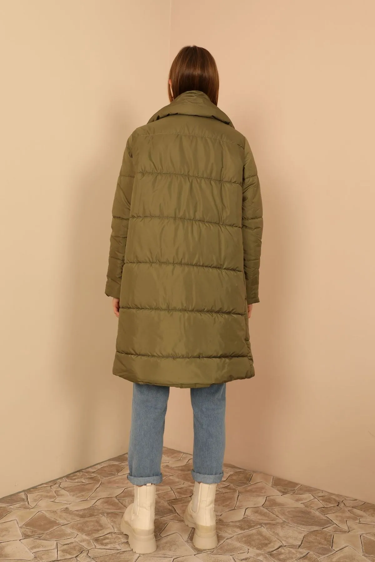 KKT Quilted Fabric Shawl Collar Women Coat-Mustard Green - Cernusco sul Naviglio