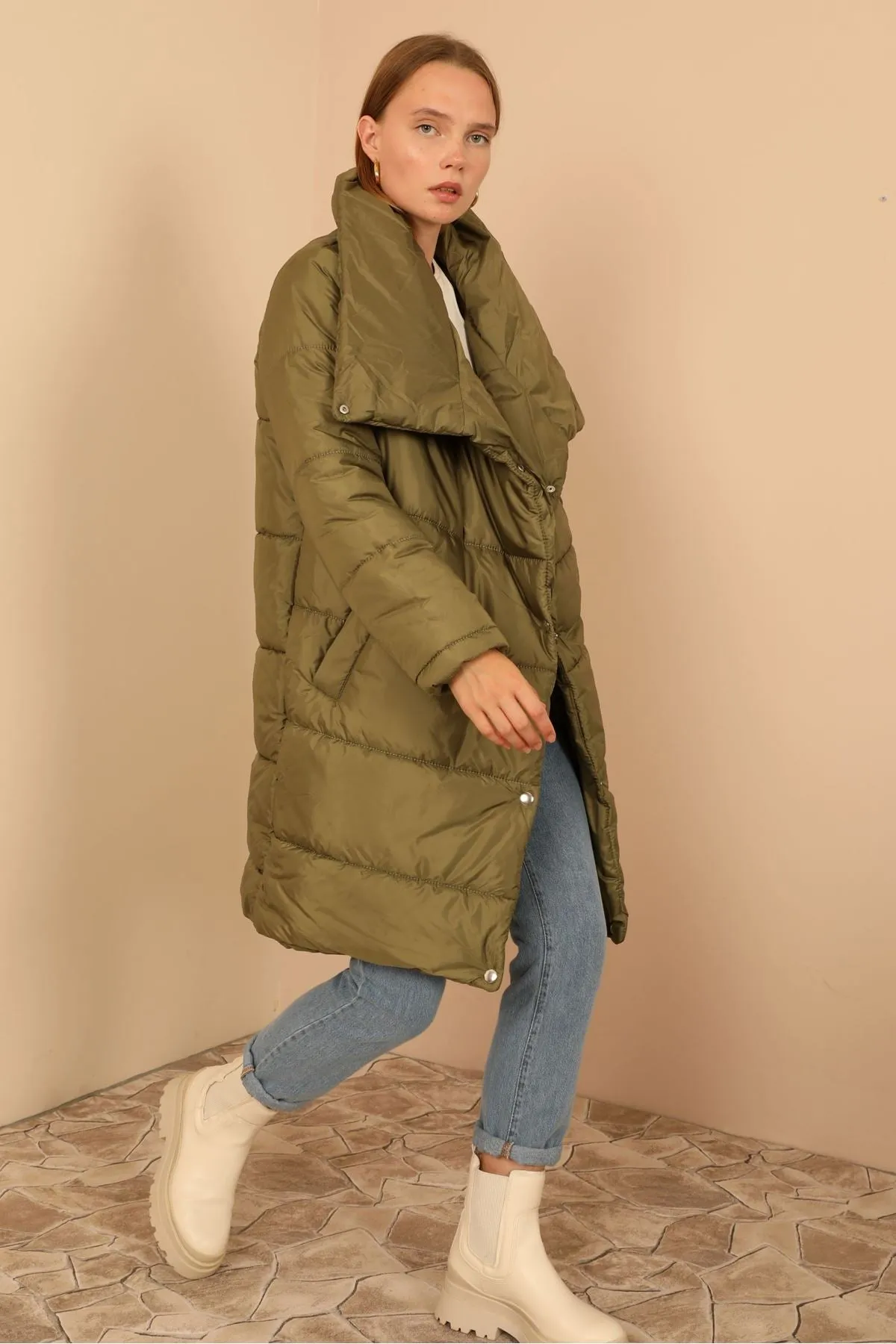 KKT Quilted Fabric Shawl Collar Women Coat-Mustard Green - Cernusco sul Naviglio