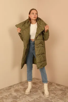 KKT Quilted Fabric Shawl Collar Women Coat-Mustard Green - Cernusco sul Naviglio