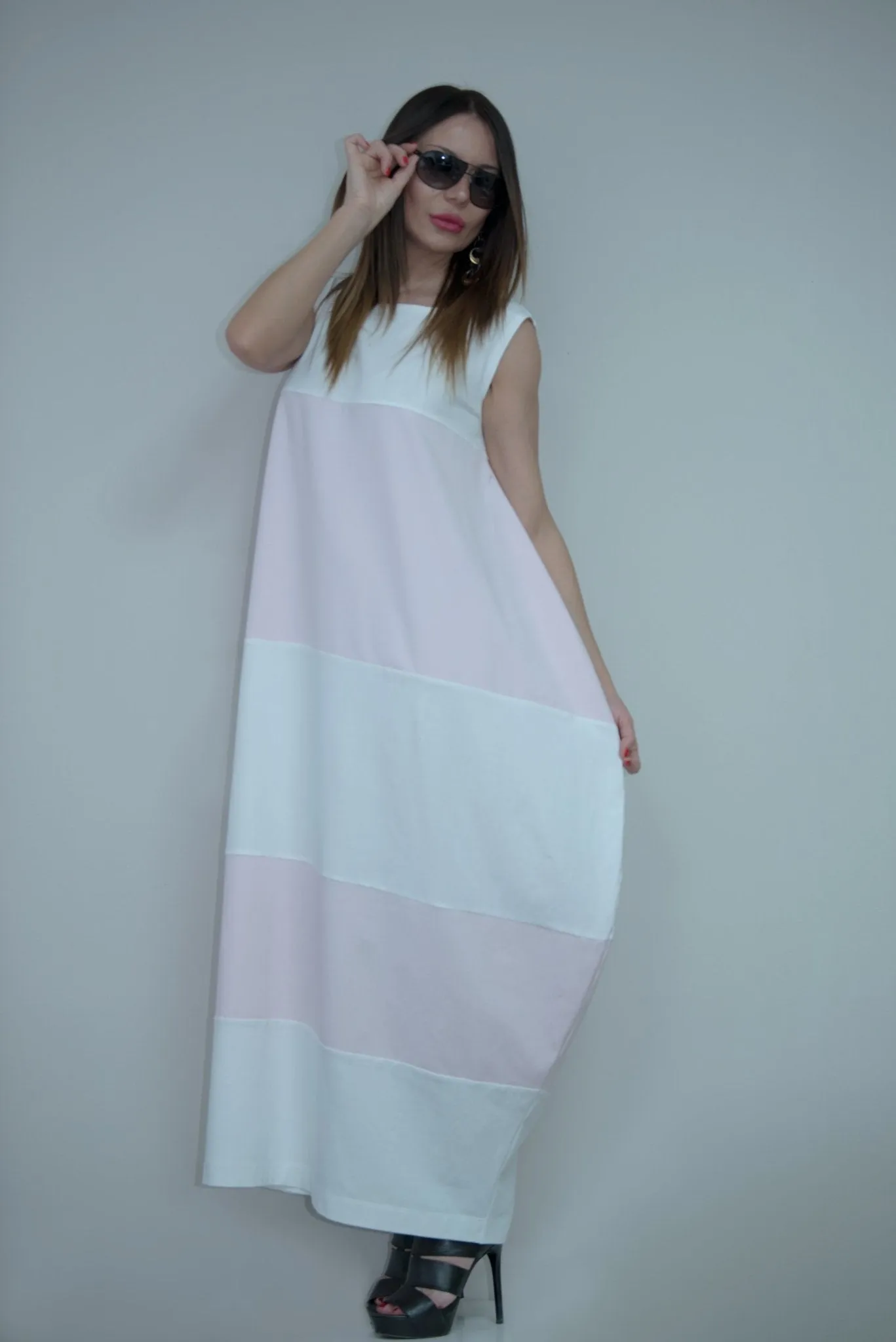 KORA White and Baby Pink Summer Dress with 2 sides pockets
