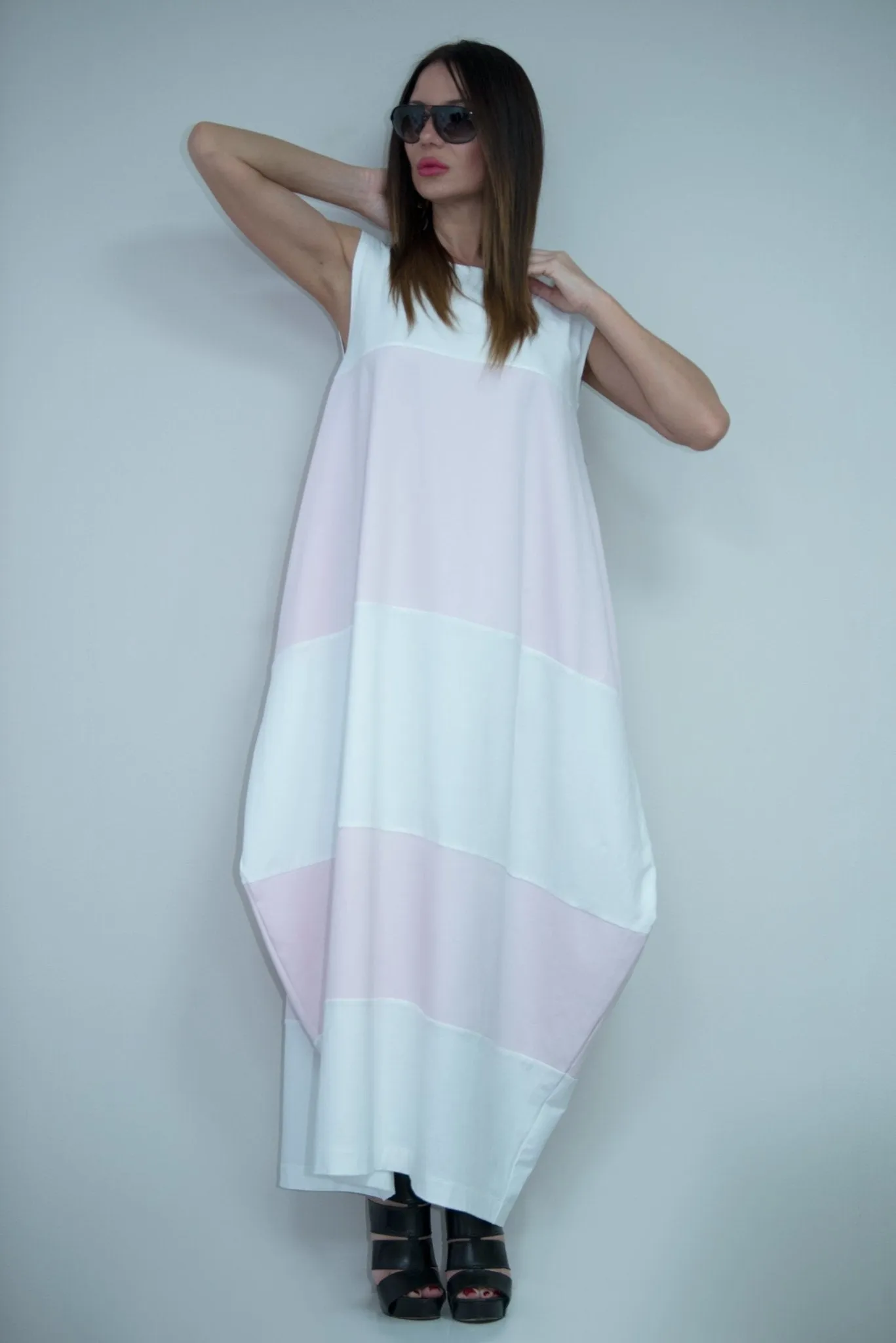 KORA White and Baby Pink Summer Dress with 2 sides pockets