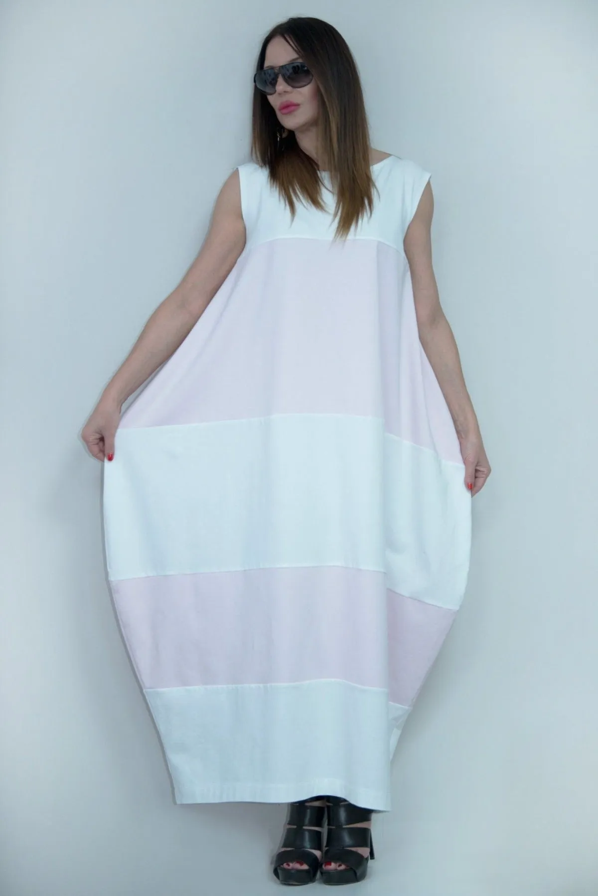 KORA White and Baby Pink Summer Dress with 2 sides pockets