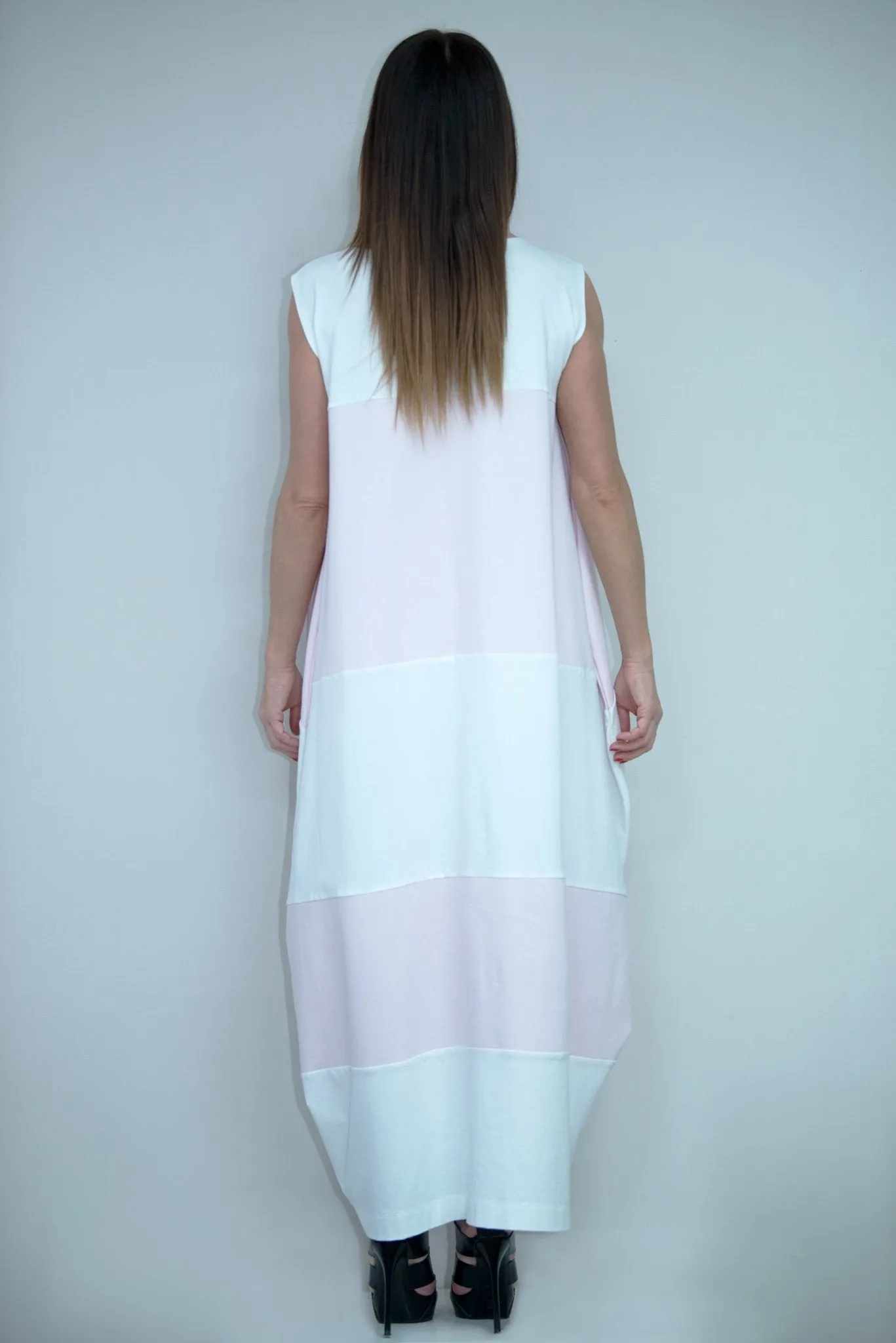 KORA White and Baby Pink Summer Dress with 2 sides pockets