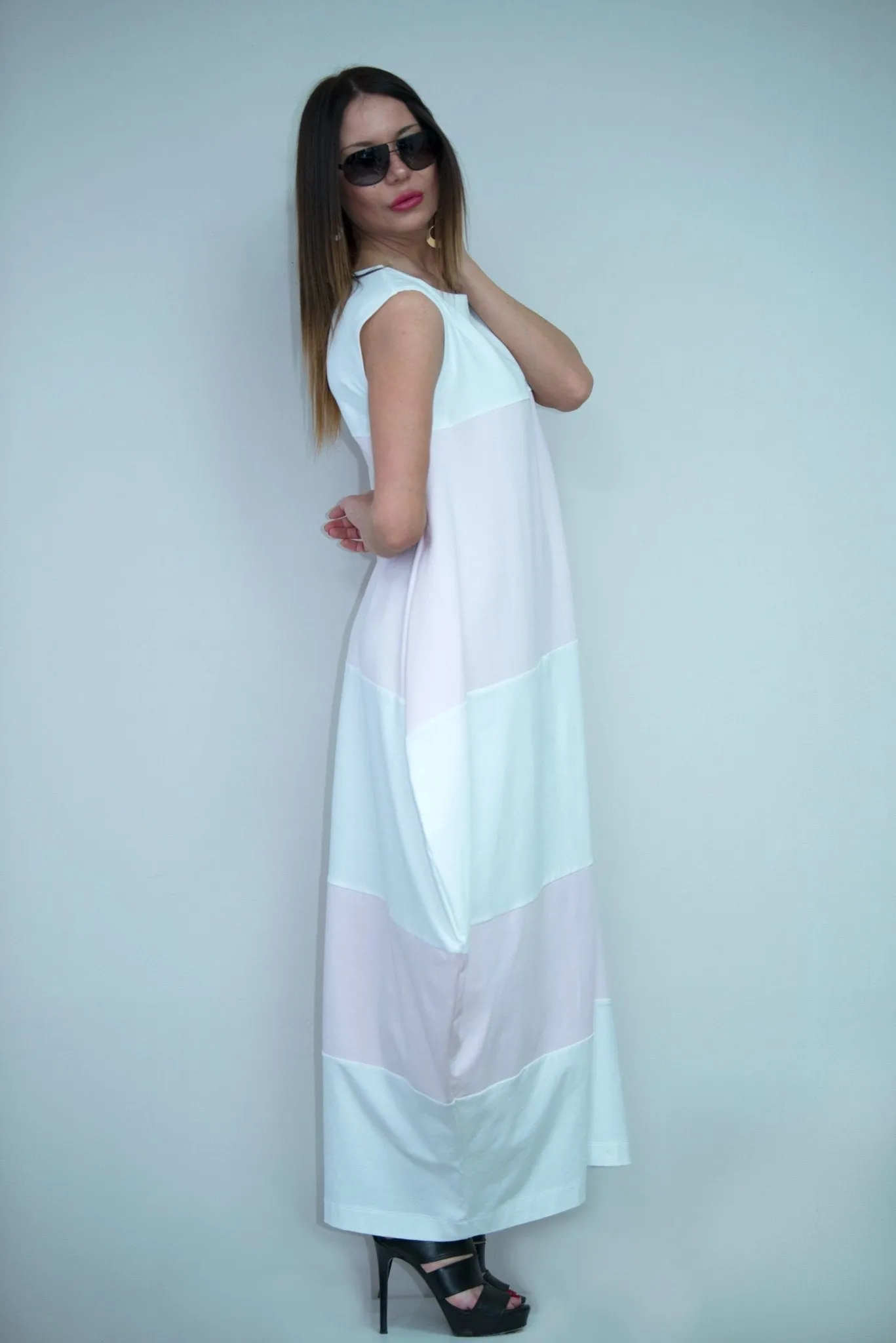 KORA White and Baby Pink Summer Dress with 2 sides pockets