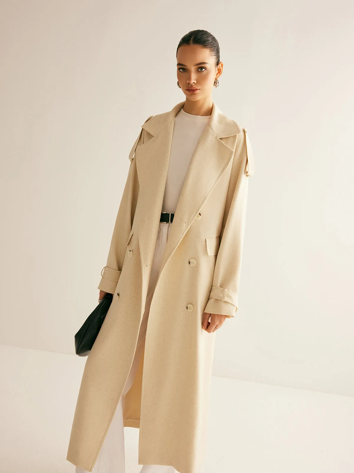 Lapel Pockets Belted Trench Coat