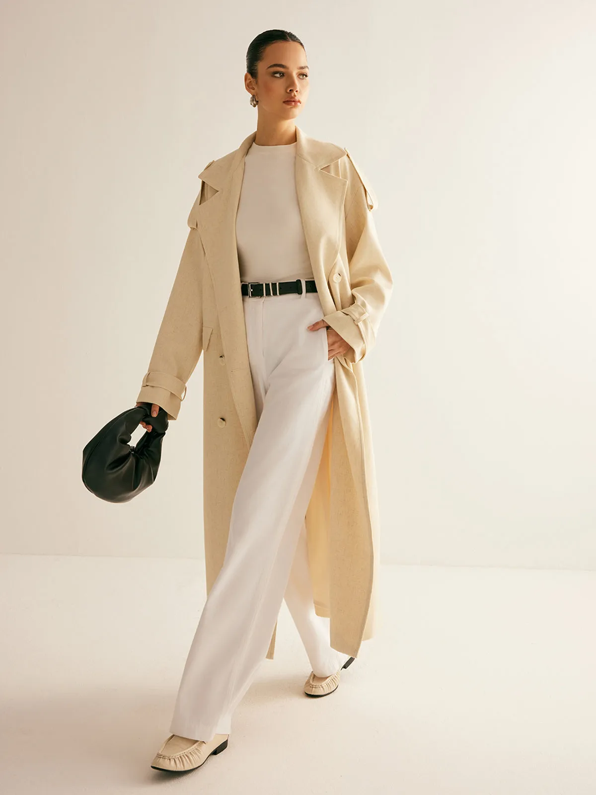 Lapel Pockets Belted Trench Coat