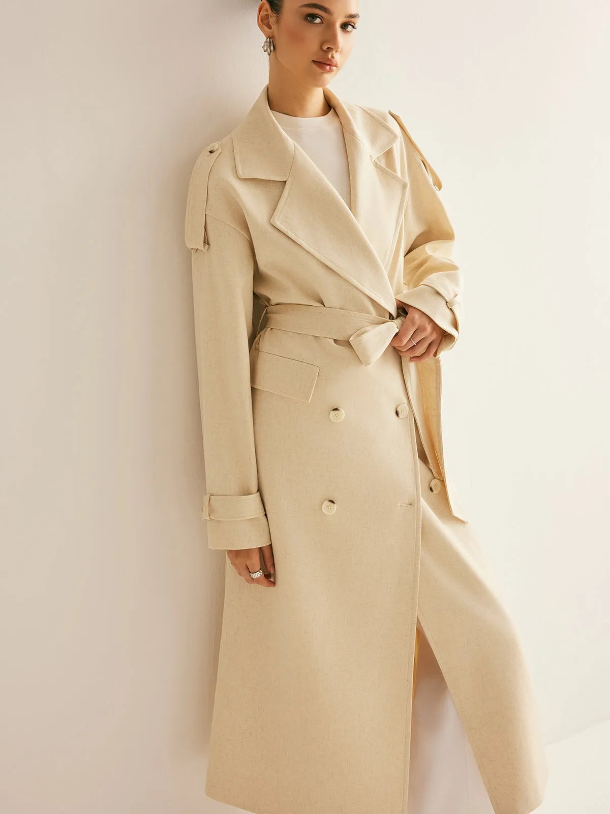 Lapel Pockets Belted Trench Coat