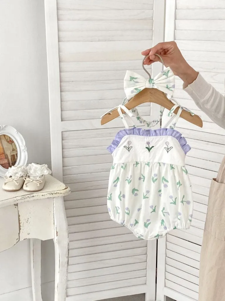 Lavender Blossom Embroidered Romper Set