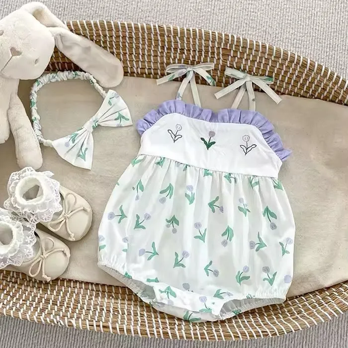 Lavender Blossom Embroidered Romper Set