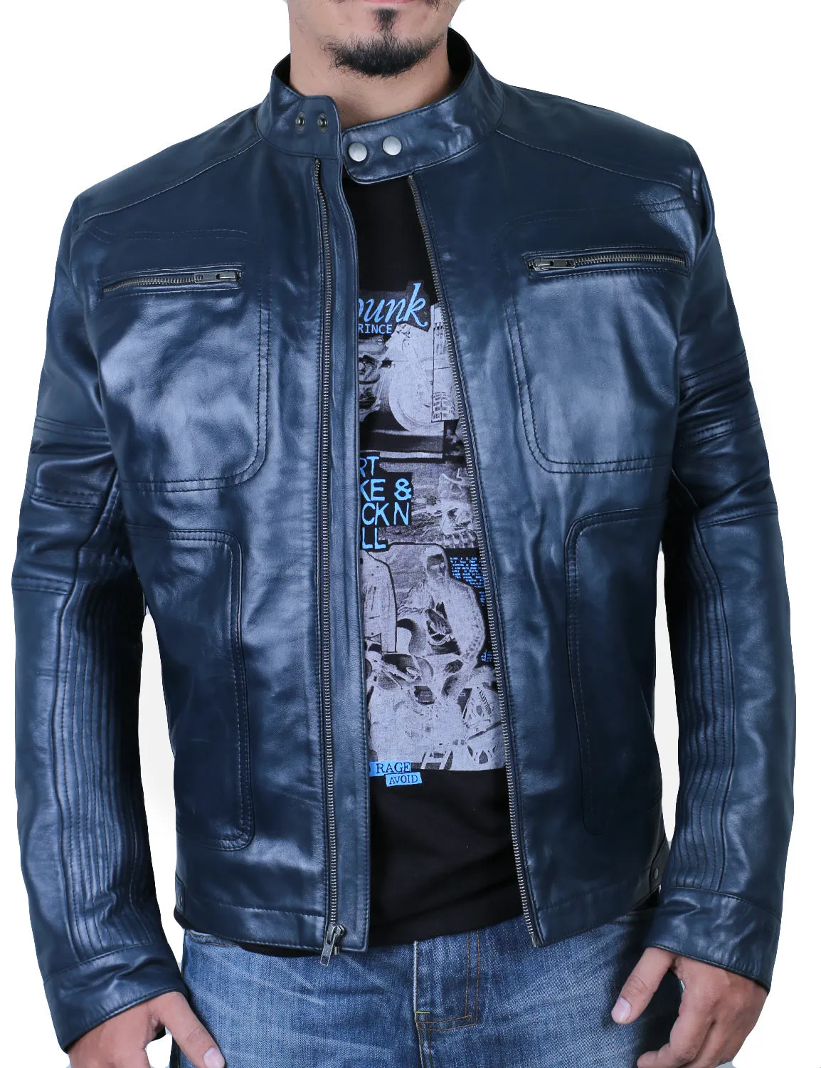 Leather Jackets Hub Mens Genuine Lambskin Leather Jacket (Black, Racer Jacket) - 1501476
