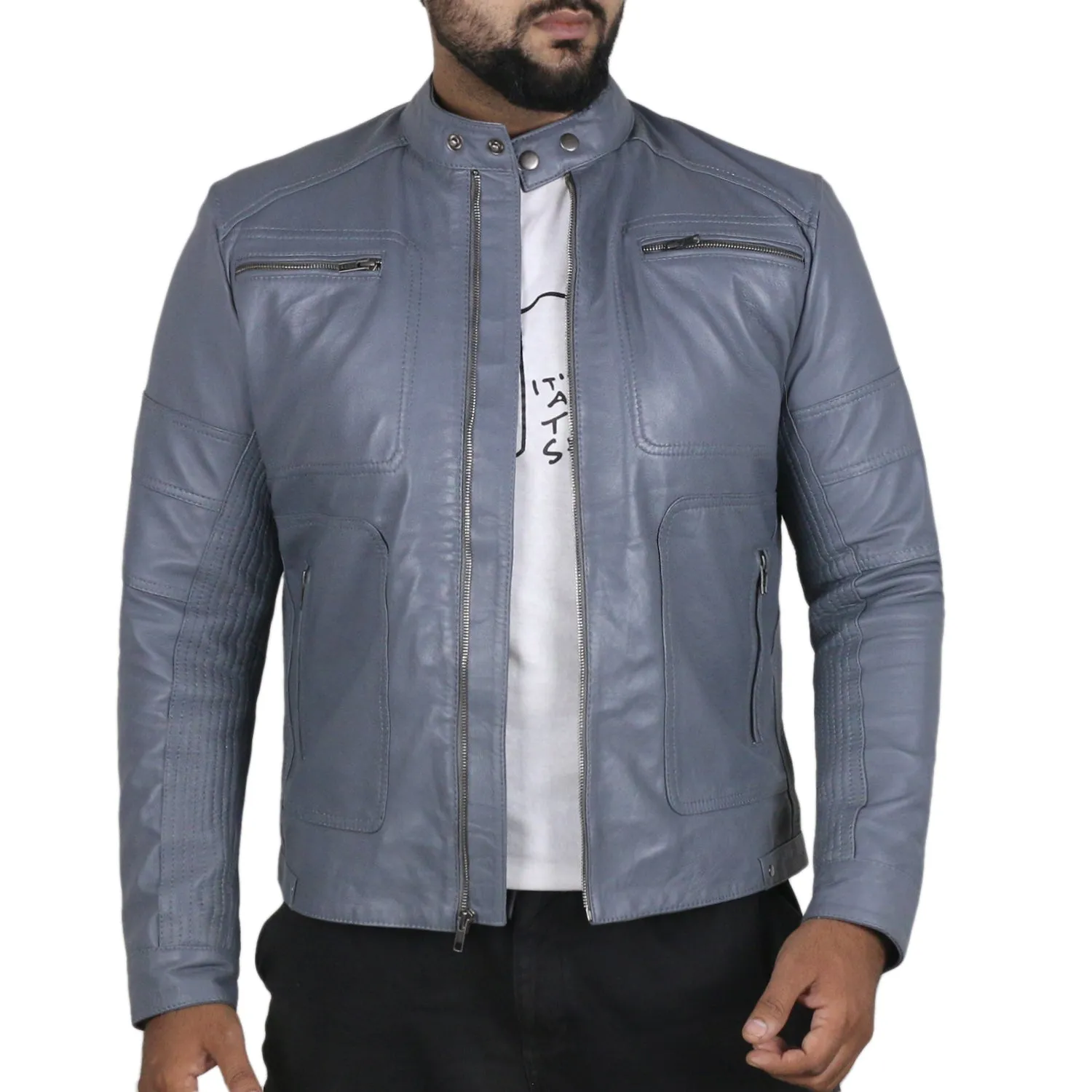 Leather Jackets Hub Mens Genuine Lambskin Leather Jacket (Black, Racer Jacket) - 1501476