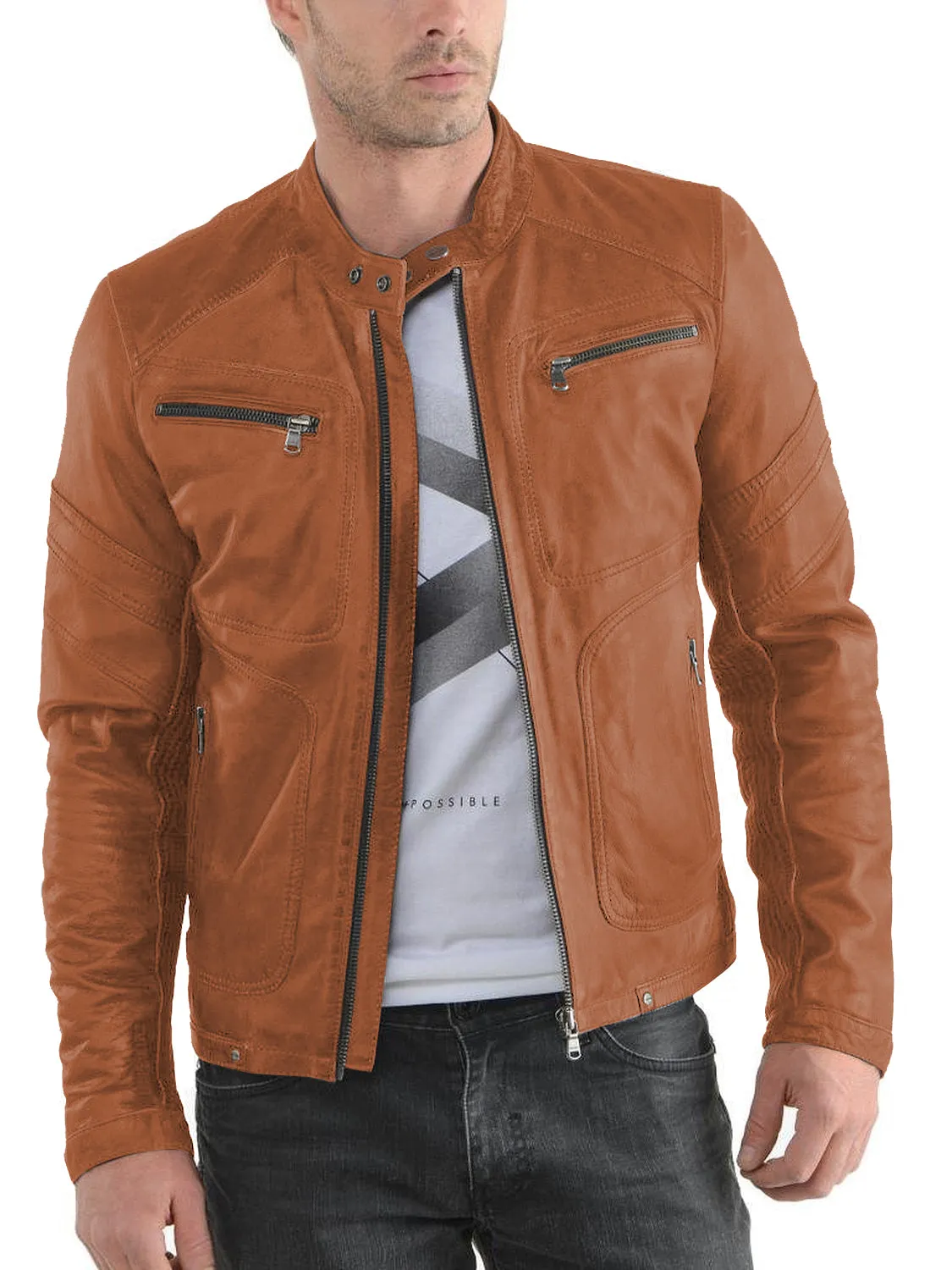Leather Jackets Hub Mens Genuine Lambskin Leather Jacket (Black, Racer Jacket) - 1501476