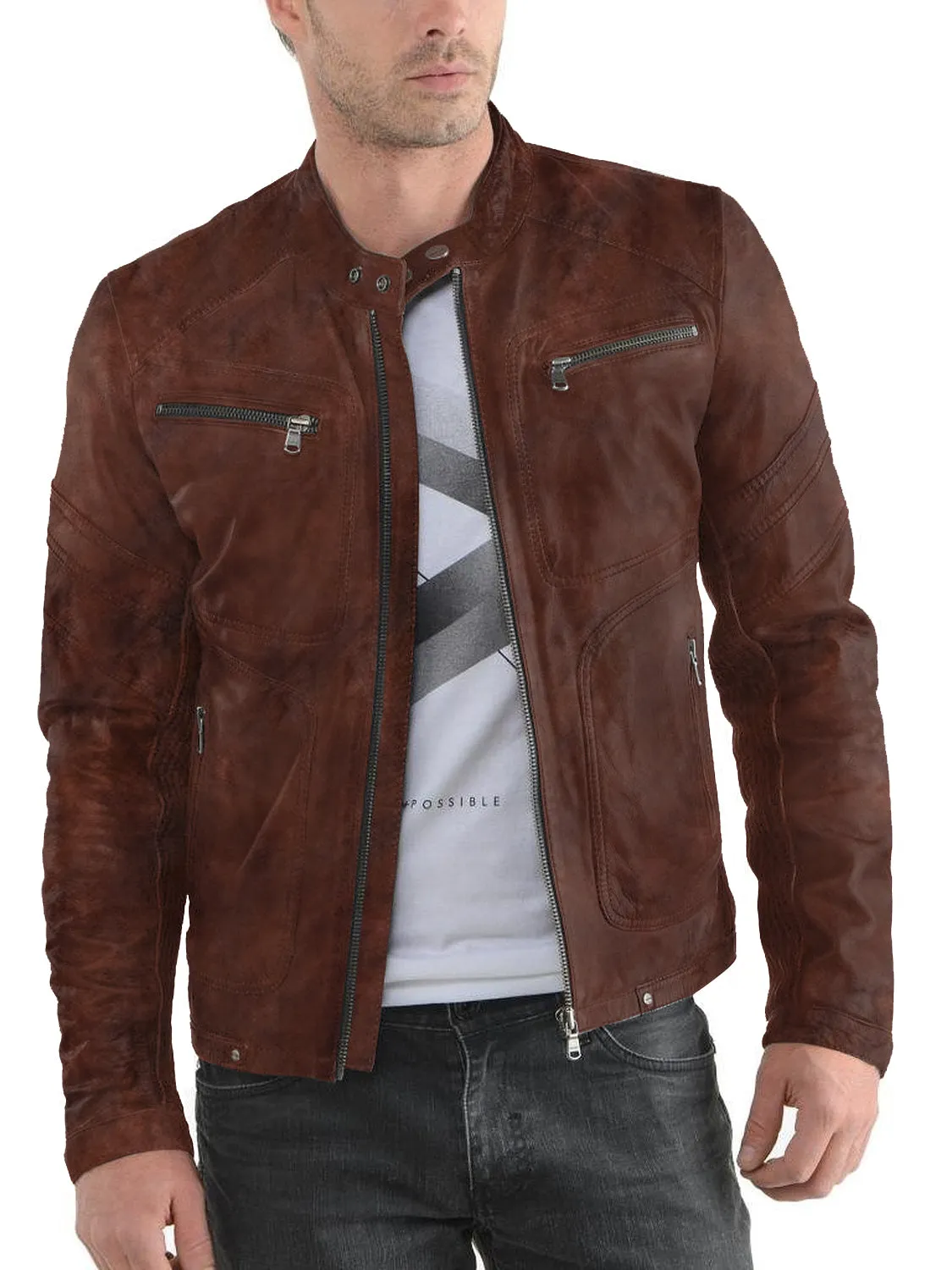 Leather Jackets Hub Mens Genuine Lambskin Leather Jacket (Black, Racer Jacket) - 1501476