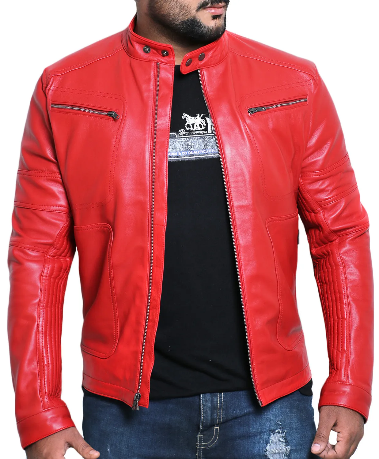 Leather Jackets Hub Mens Genuine Lambskin Leather Jacket (Black, Racer Jacket) - 1501476