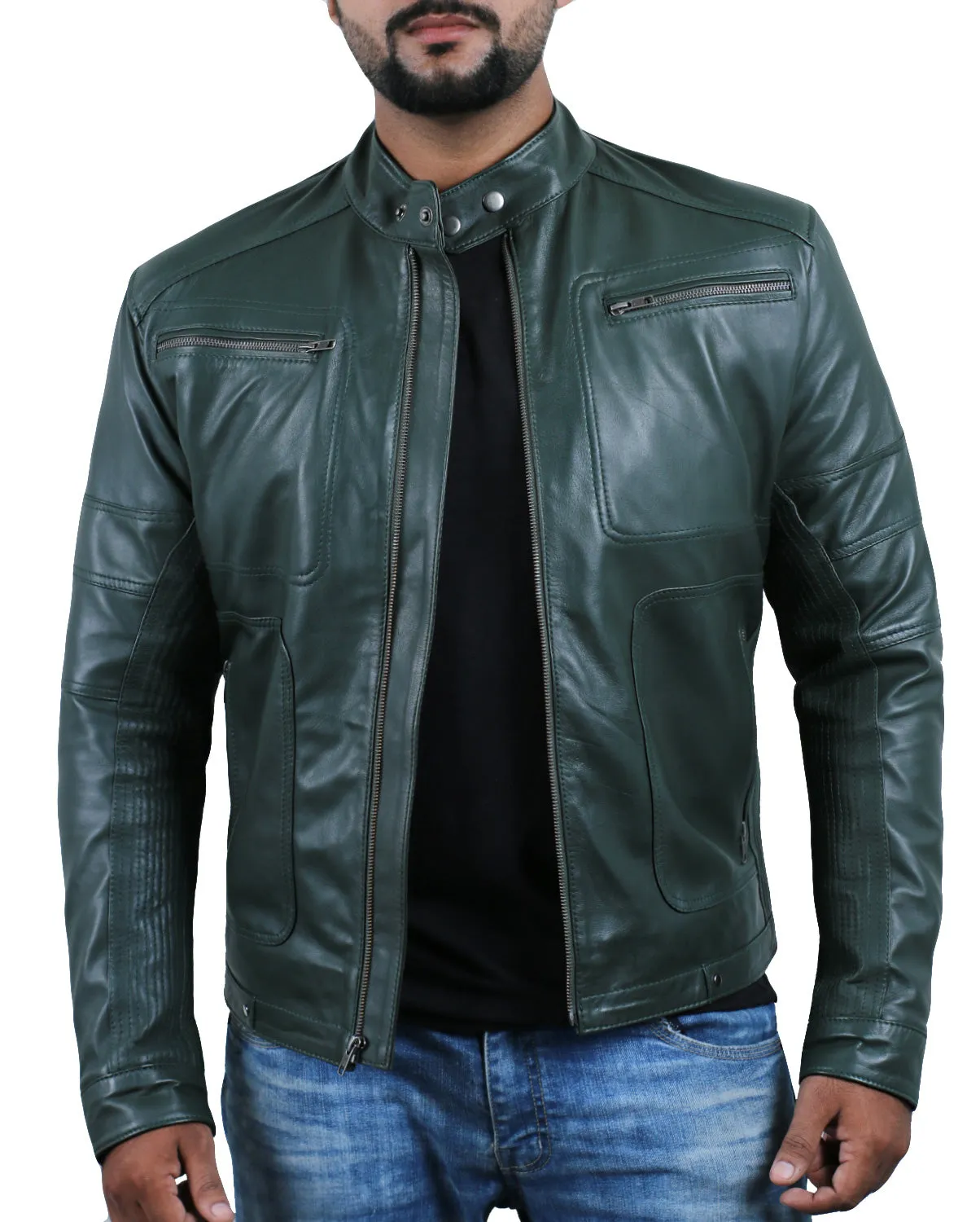 Leather Jackets Hub Mens Genuine Lambskin Leather Jacket (Black, Racer Jacket) - 1501476