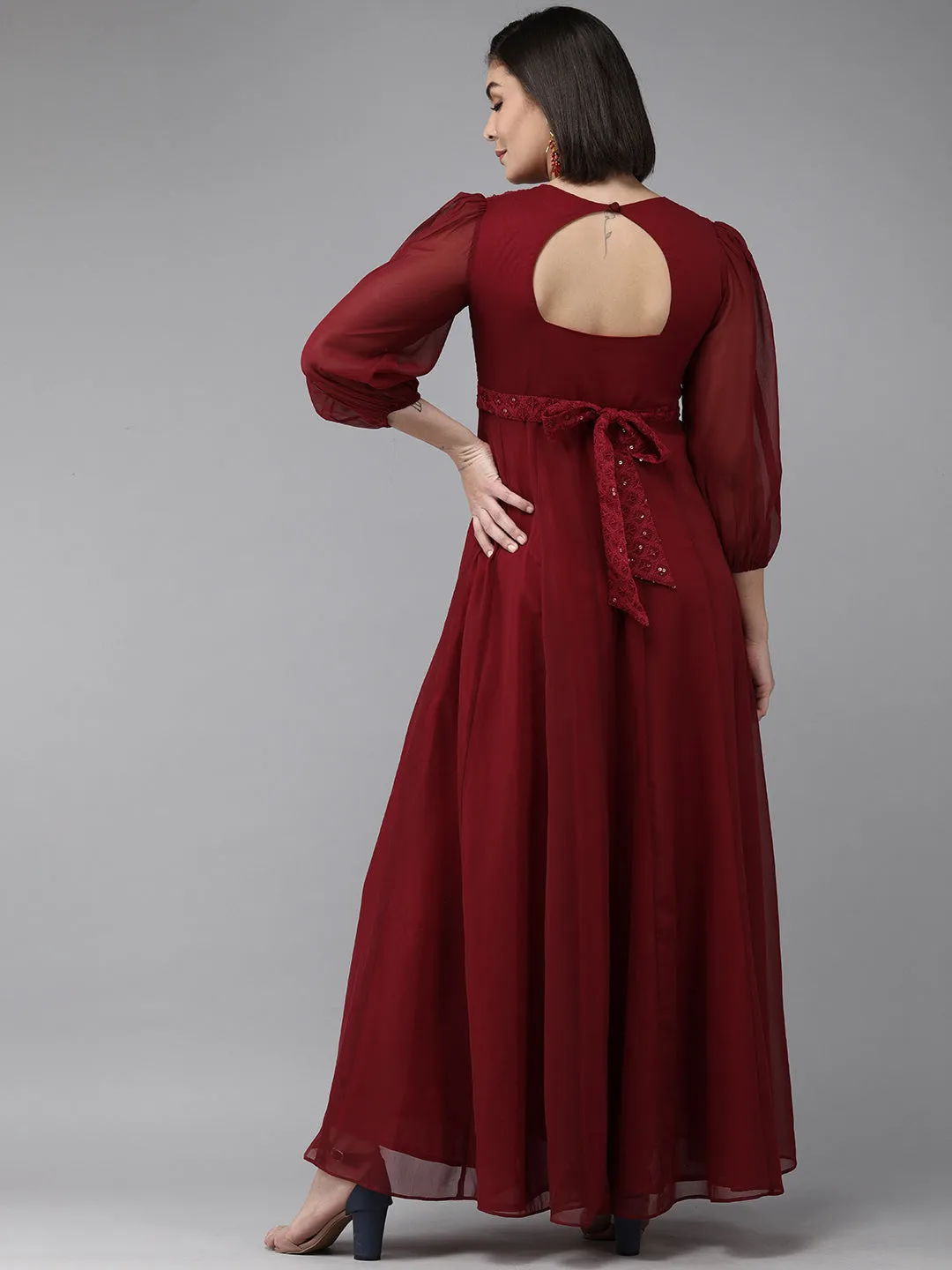 Maroon Geogette Sequence Embellished Maxi Dress