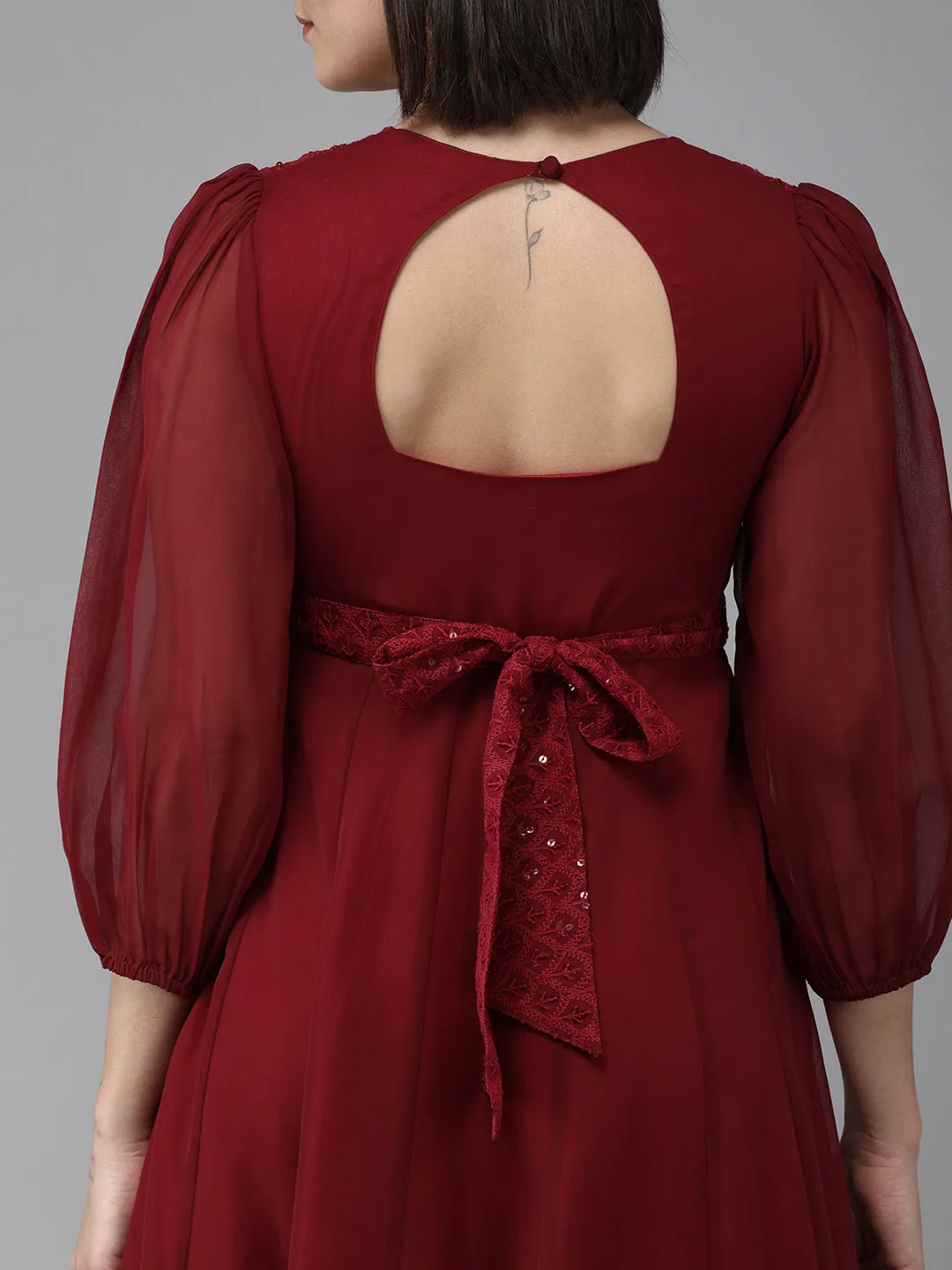 Maroon Geogette Sequence Embellished Maxi Dress