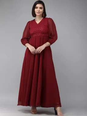 Maroon Geogette Sequence Embellished Maxi Dress