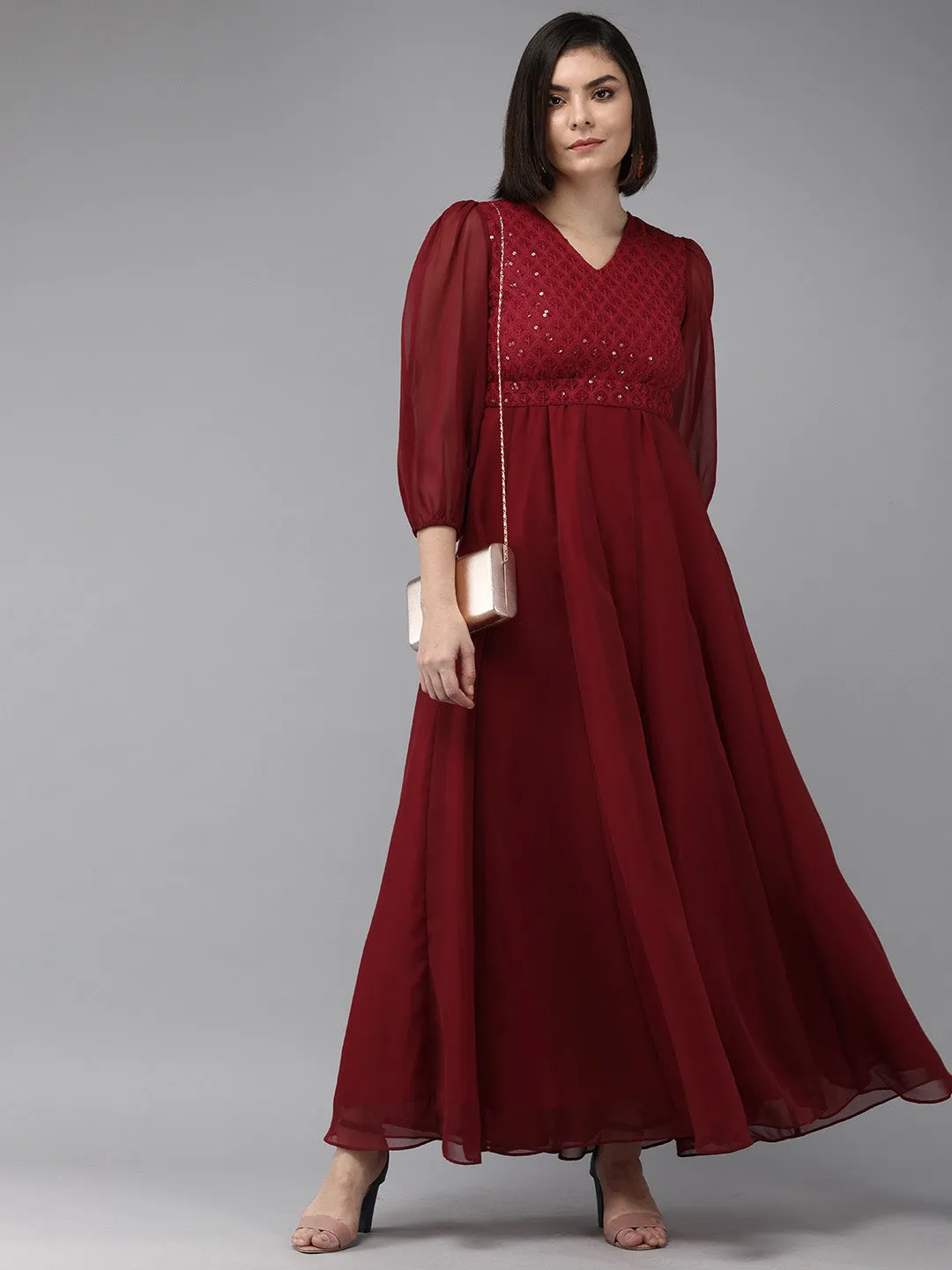 Maroon Geogette Sequence Embellished Maxi Dress