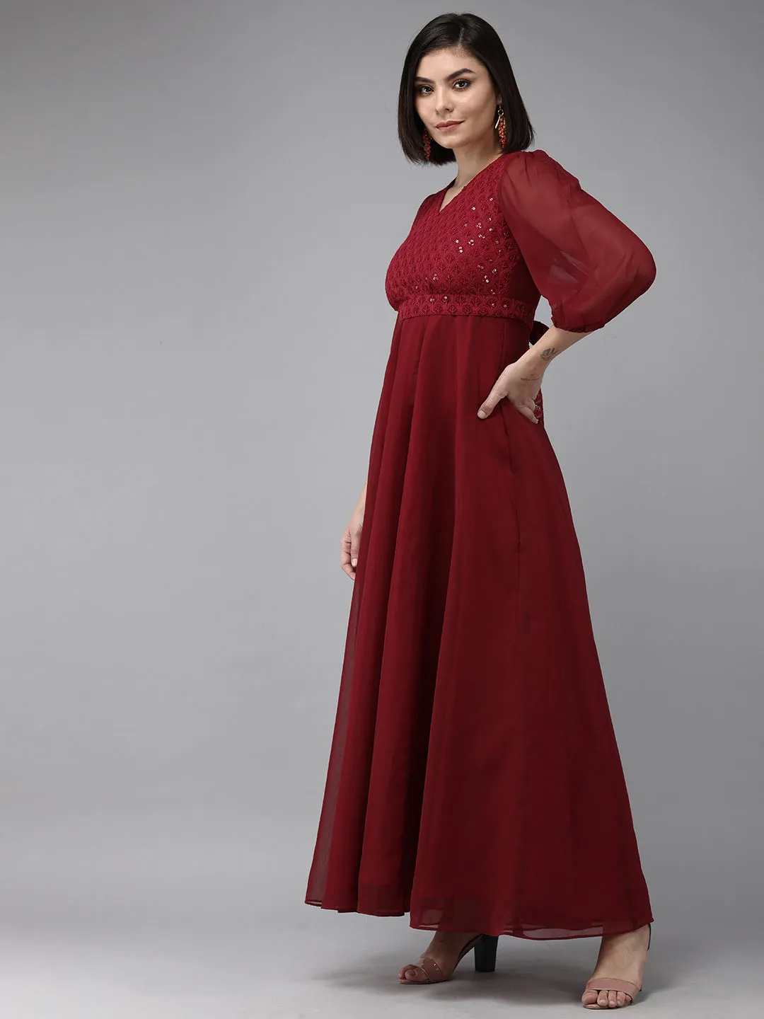Maroon Geogette Sequence Embellished Maxi Dress