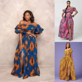 Maxi Skirt & Off-Shoulder Crop Top/Skirt Set for Woman African Ankara Dashiki Clothes Boho Split Sexy Dress Casual Outfits