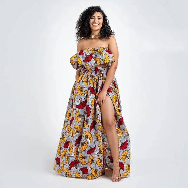 Maxi Skirt & Off-Shoulder Crop Top/Skirt Set for Woman African Ankara Dashiki Clothes Boho Split Sexy Dress Casual Outfits
