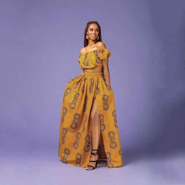 Maxi Skirt & Off-Shoulder Crop Top/Skirt Set for Woman African Ankara Dashiki Clothes Boho Split Sexy Dress Casual Outfits