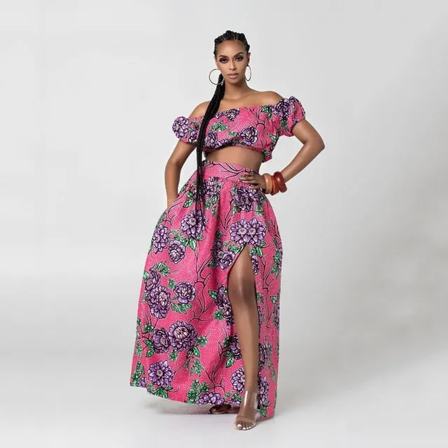 Maxi Skirt & Off-Shoulder Crop Top/Skirt Set for Woman African Ankara Dashiki Clothes Boho Split Sexy Dress Casual Outfits