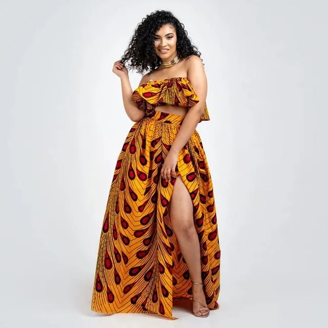 Maxi Skirt & Off-Shoulder Crop Top/Skirt Set for Woman African Ankara Dashiki Clothes Boho Split Sexy Dress Casual Outfits