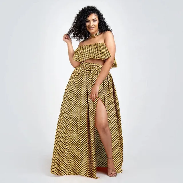 Maxi Skirt & Off-Shoulder Crop Top/Skirt Set for Woman African Ankara Dashiki Clothes Boho Split Sexy Dress Casual Outfits