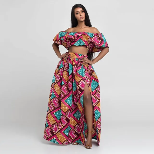 Maxi Skirt & Off-Shoulder Crop Top/Skirt Set for Woman African Ankara Dashiki Clothes Boho Split Sexy Dress Casual Outfits