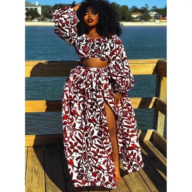 Maxi Skirt & Off-Shoulder Crop Top/Skirt Set for Woman African Ankara Dashiki Clothes Boho Split Sexy Dress Casual Outfits