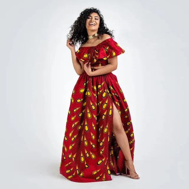 Maxi Skirt & Off-Shoulder Crop Top/Skirt Set for Woman African Ankara Dashiki Clothes Boho Split Sexy Dress Casual Outfits