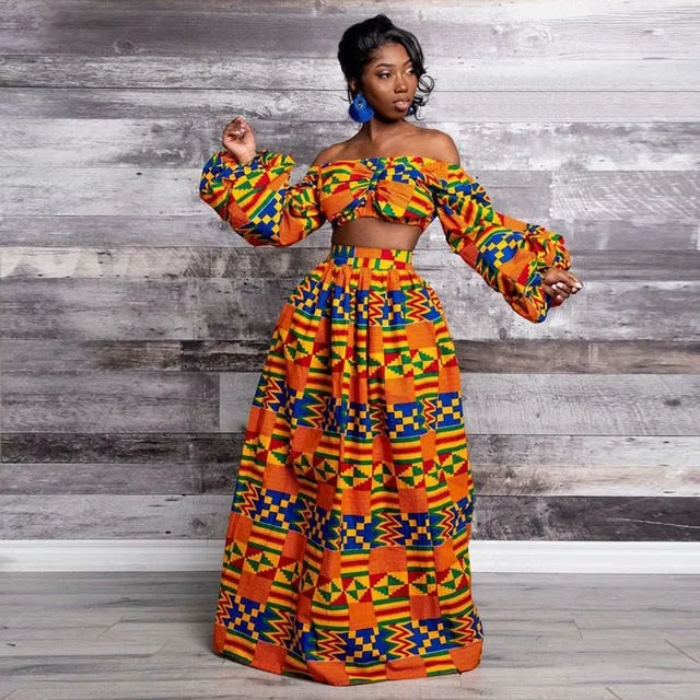Maxi Skirt & Off-Shoulder Crop Top/Skirt Set for Woman African Ankara Dashiki Clothes Boho Split Sexy Dress Casual Outfits