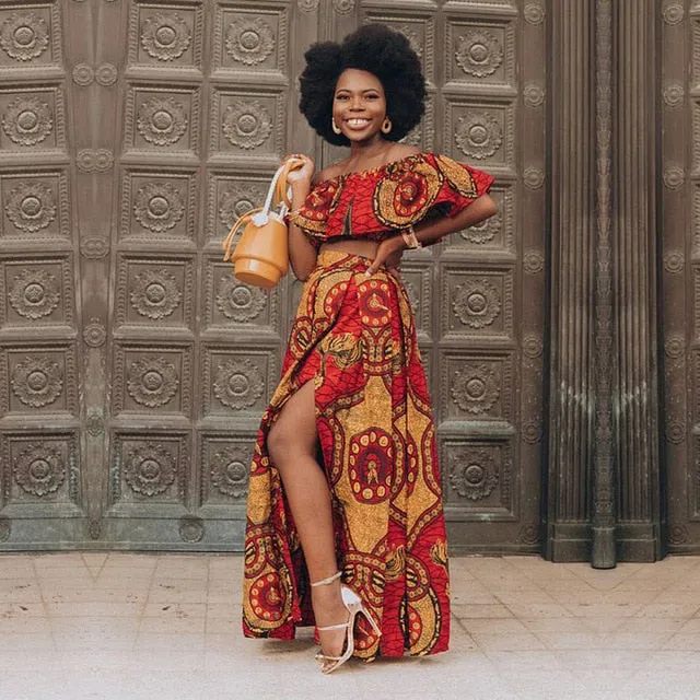 Maxi Skirt & Off-Shoulder Crop Top/Skirt Set for Woman African Ankara Dashiki Clothes Boho Split Sexy Dress Casual Outfits