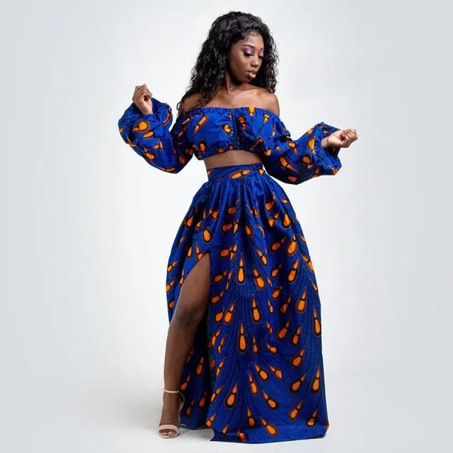 Maxi Skirt & Off-Shoulder Crop Top/Skirt Set for Woman African Ankara Dashiki Clothes Boho Split Sexy Dress Casual Outfits