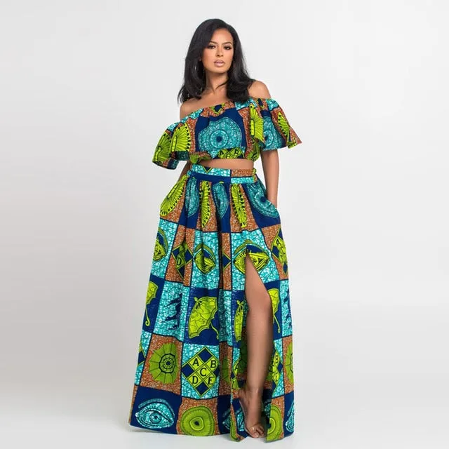 Maxi Skirt & Off-Shoulder Crop Top/Skirt Set for Woman African Ankara Dashiki Clothes Boho Split Sexy Dress Casual Outfits