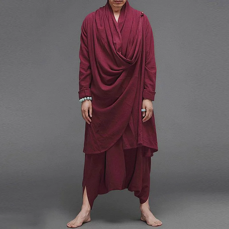 Men Turtleneck Irregular Cloak Coats Drop Crotch Pants Vintage Suits