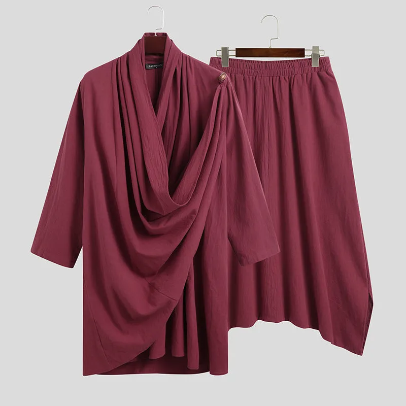Men Turtleneck Irregular Cloak Coats Drop Crotch Pants Vintage Suits