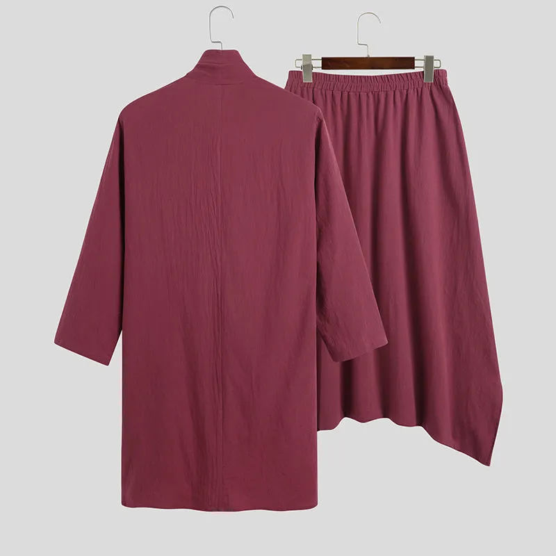 Men Turtleneck Irregular Cloak Coats Drop Crotch Pants Vintage Suits