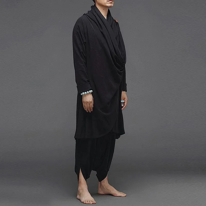 Men Turtleneck Irregular Cloak Coats Drop Crotch Pants Vintage Suits