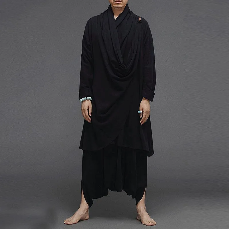 Men Turtleneck Irregular Cloak Coats Drop Crotch Pants Vintage Suits