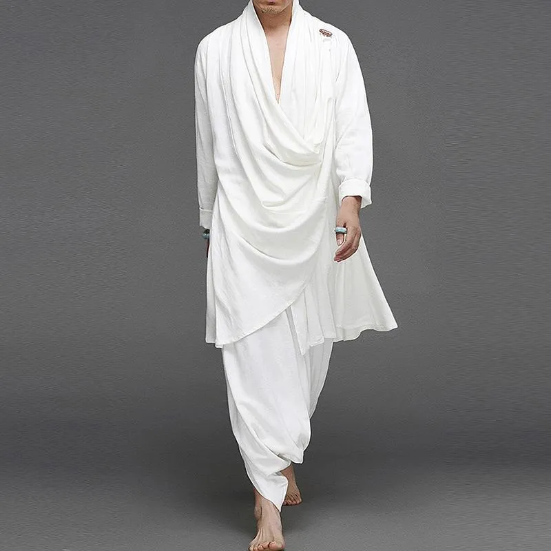Men Turtleneck Irregular Cloak Coats Drop Crotch Pants Vintage Suits
