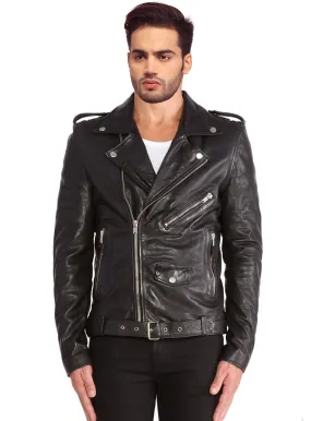 Men Washed Classic Motorcycle Biker Leather Jacket