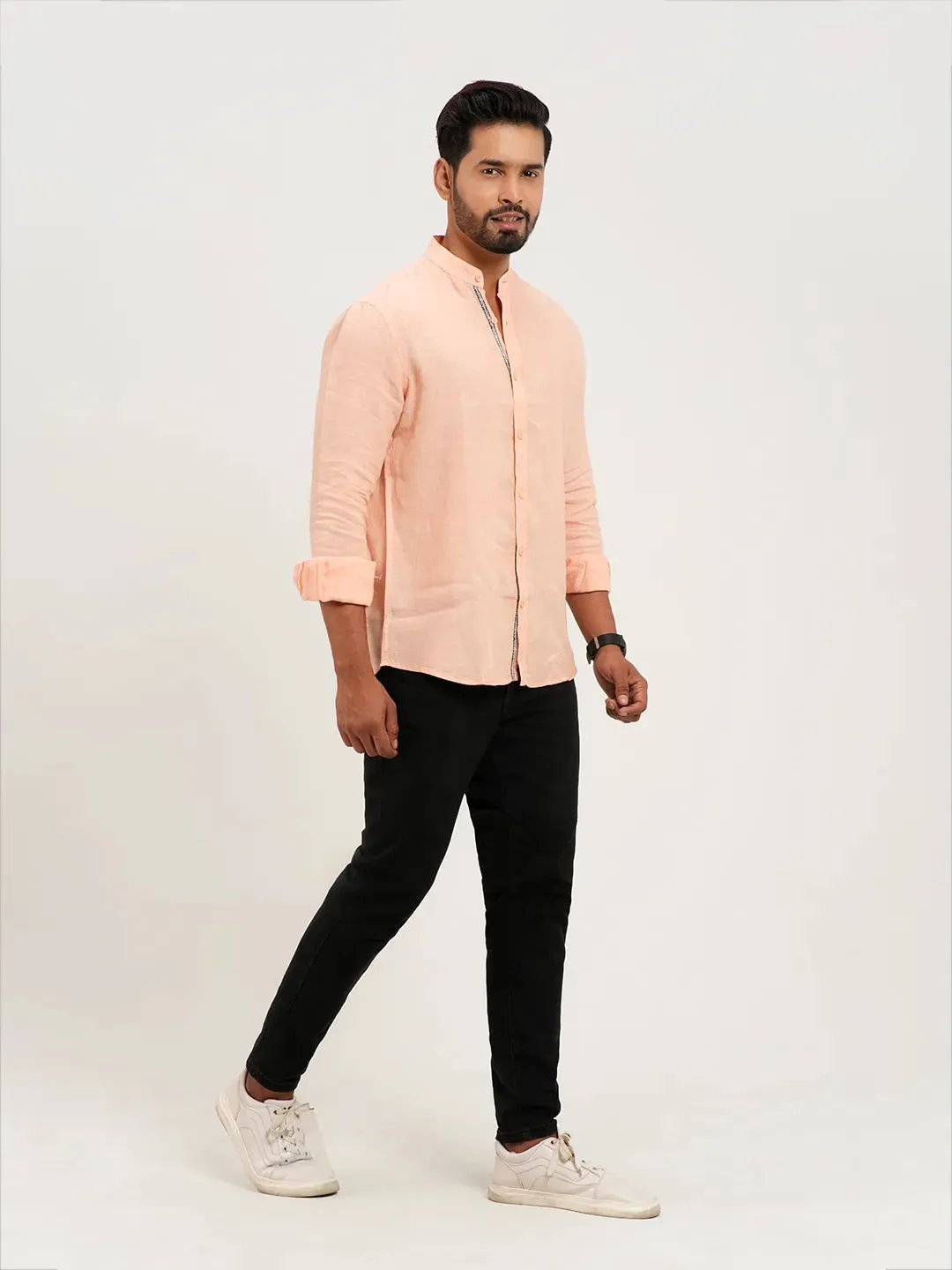 Men's Band Collar Solid Casual Shirt